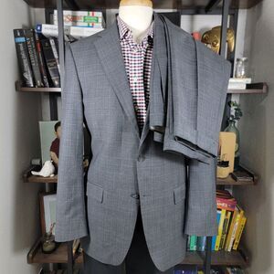 Hart‎ Schaffner Marx Men's 2PC Suit Two Button Gray Plaid Wool Size 41L 34x31